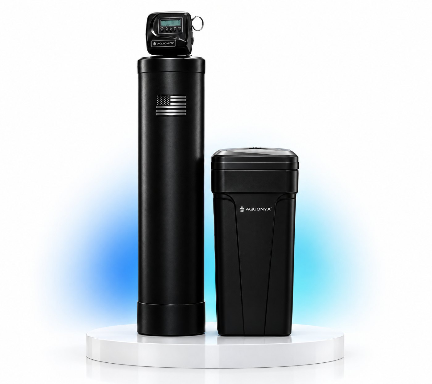 Aquonyx The Diamond™: black mineral tank with digital control valve beside a black brine tank