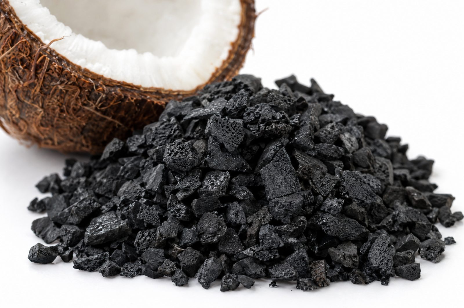 Pile of black granular carbon in front of a split coconut shell