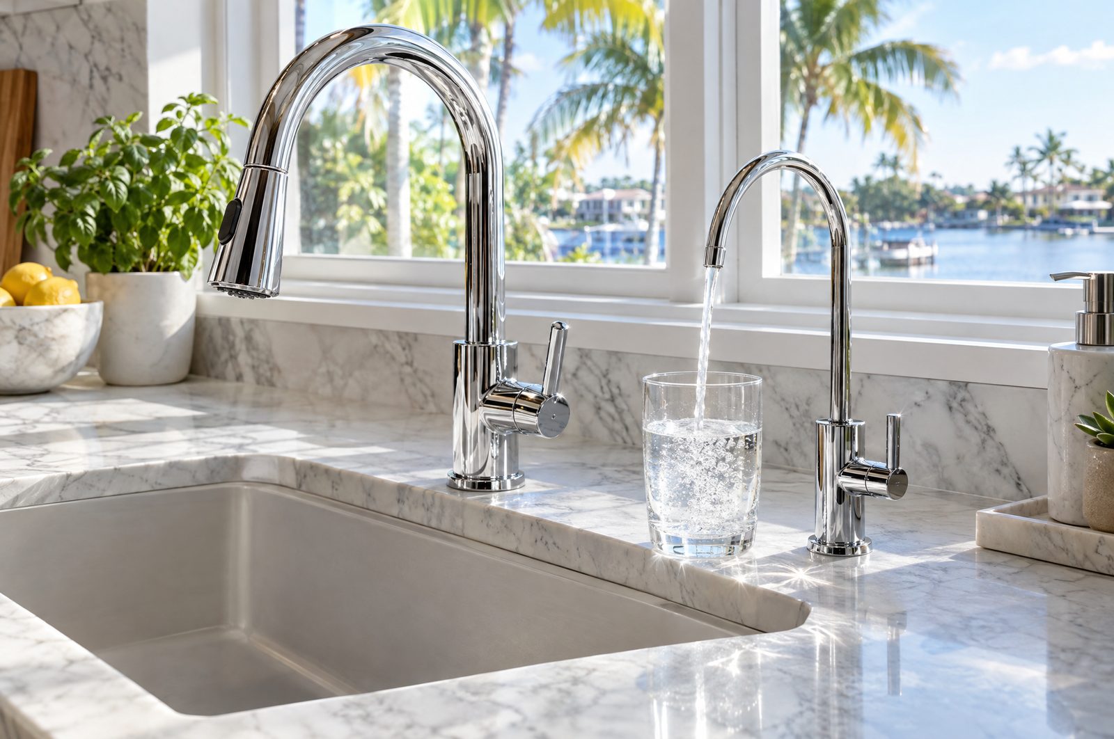 Kitchen sink with a main faucet and a separate slim faucet filling a glass of water