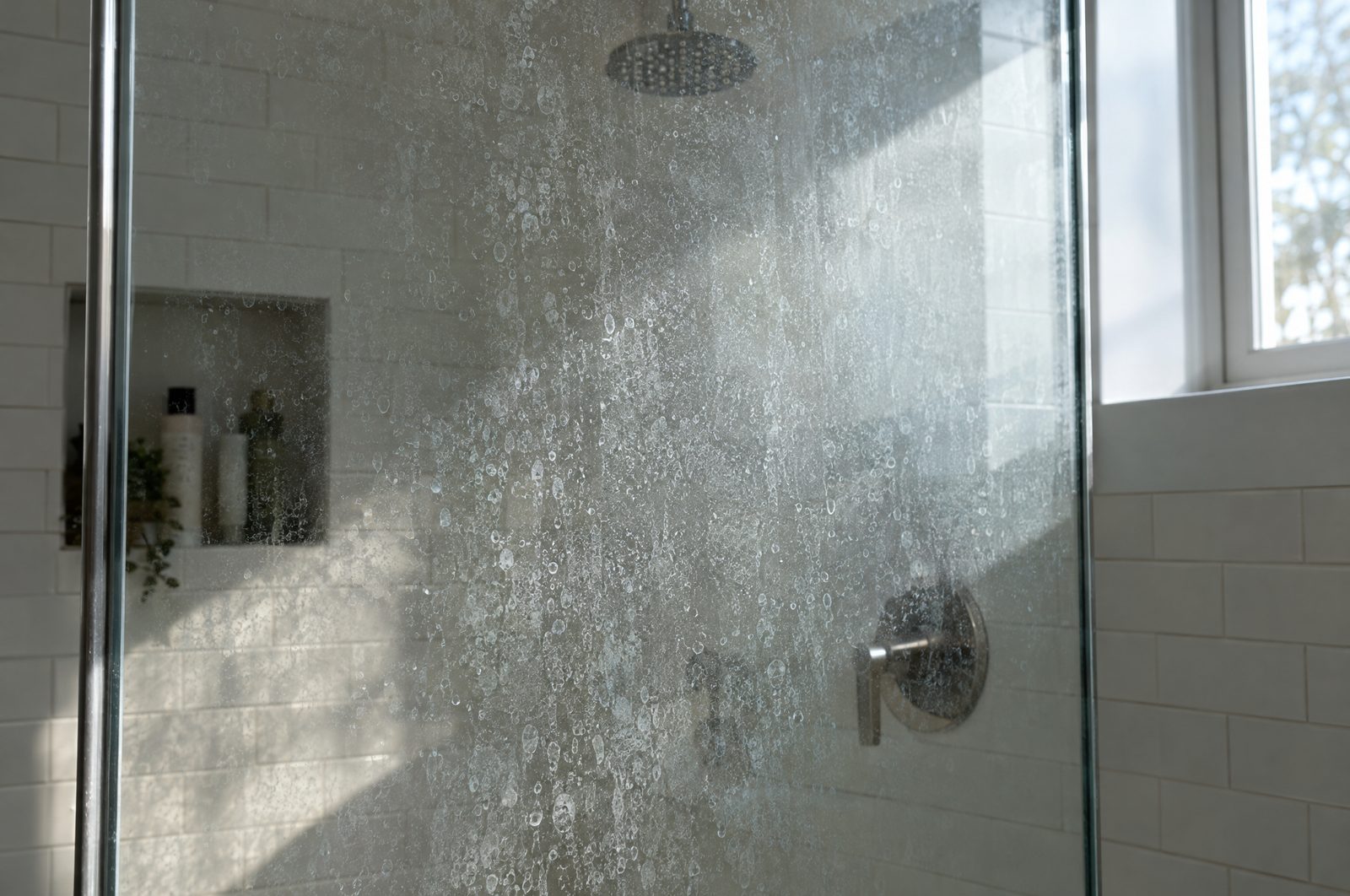 Glass shower door covered in cloudy white water spots, with a tiled shower behind it